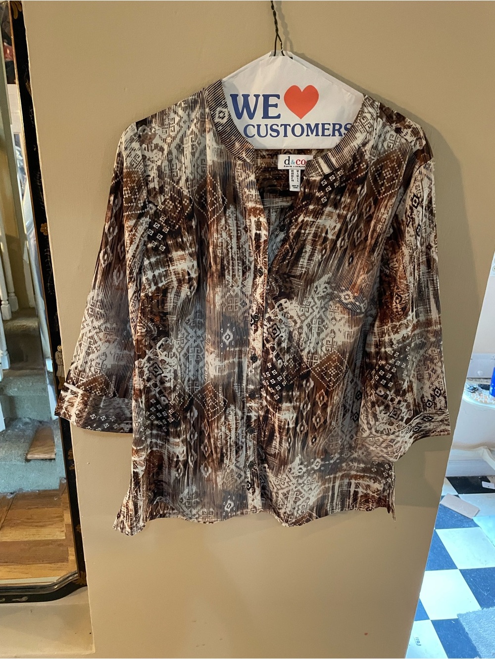 Denim & co. Brown and White Patterned Women's Button-Front Blouse